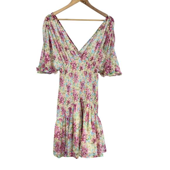 ByTiMo NWT Floral Smocked Chiffon Mini Dress Summer Flowers Size M Deep V-Neck - Picture 2 of 13